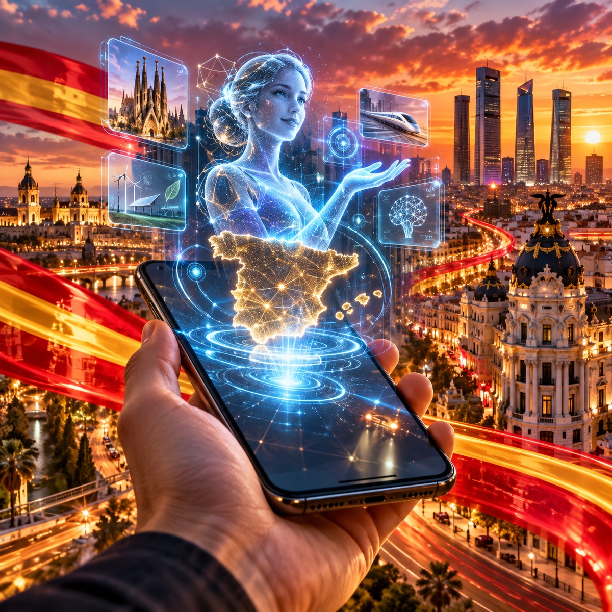 Escena conceptual de un teléfono con asistente visual y elementos digitales sobre una ciudad española