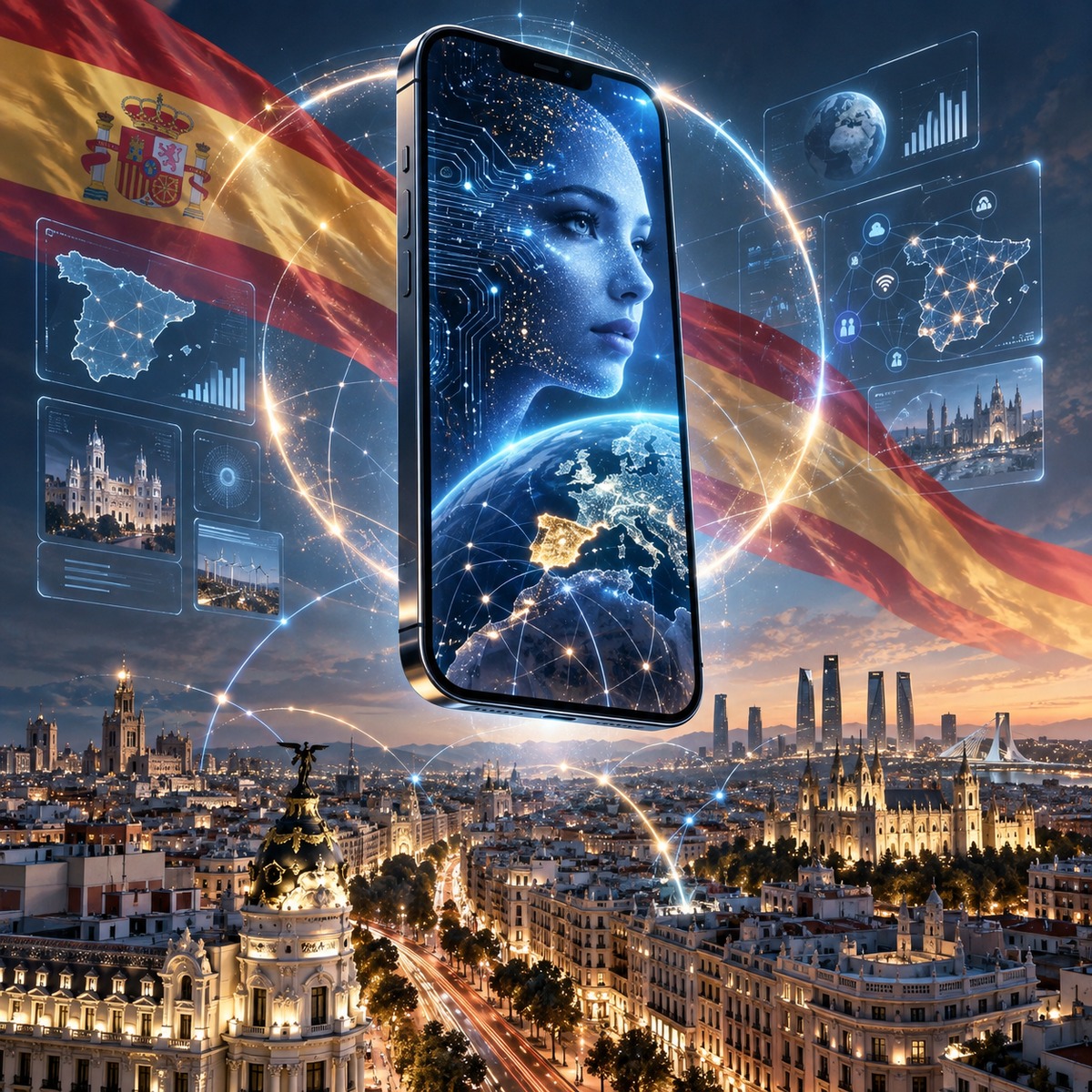 Imagen conceptual de un smartphone suspendido con paneles de datos y paisaje urbano de España
